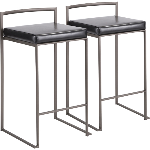 Fuji Stackable 27" Counter Stool in Black Leatherette & Antique Metal (Set of 2)